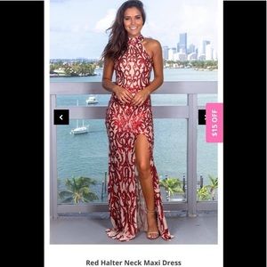 Red halter maxi dress